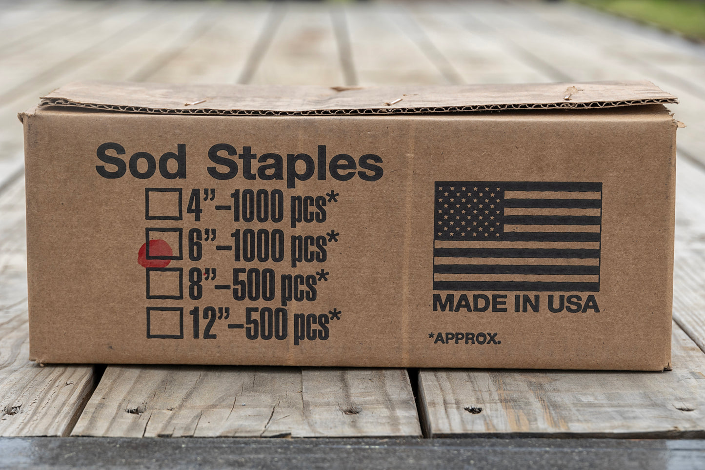 Image of a box of six-inch sod staples from Howell Pathways.
