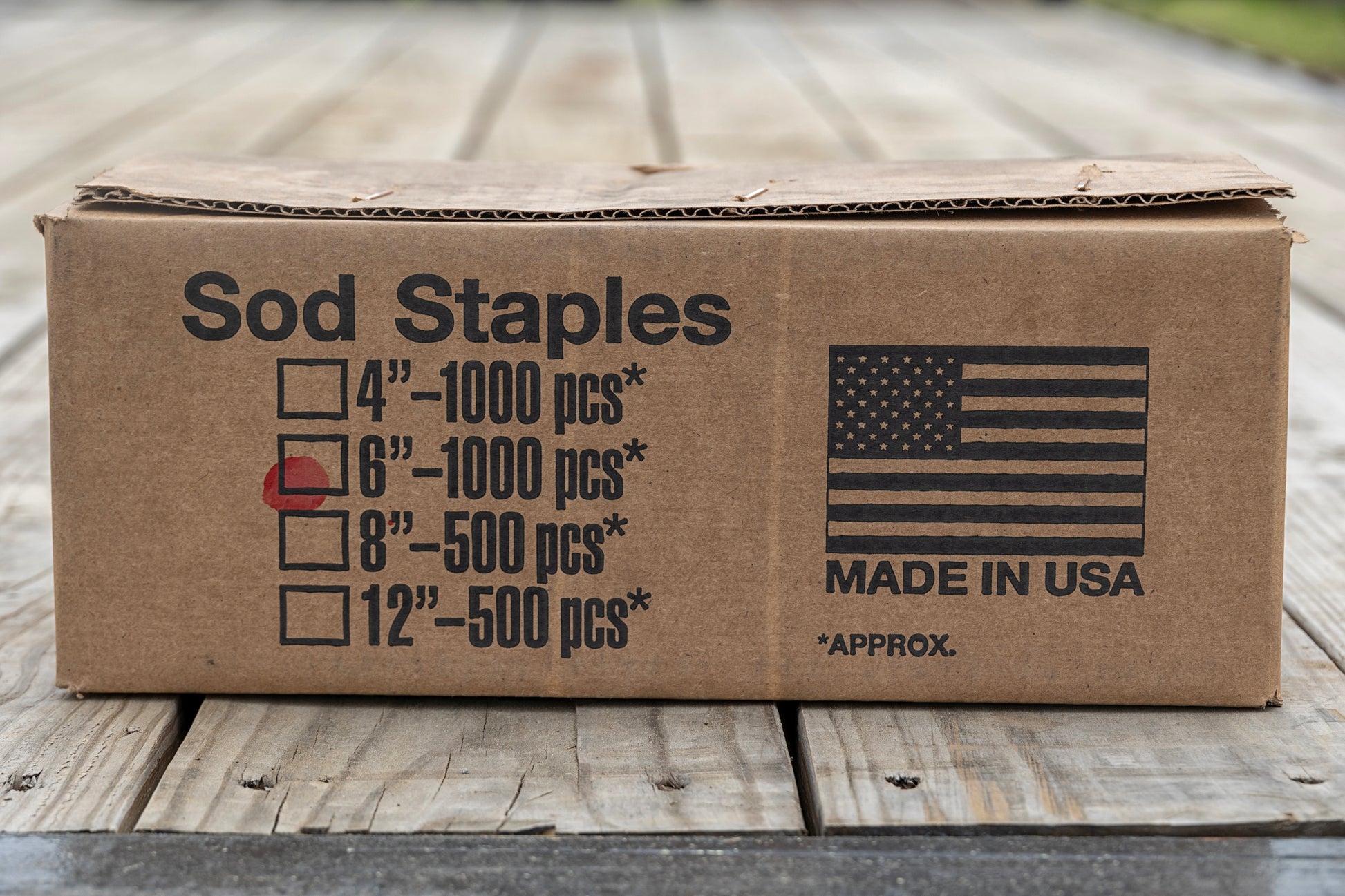 Image of a box of six-inch sod staples from Howell Pathways.