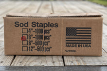 Image of a box of six-inch sod staples from Howell Pathways.